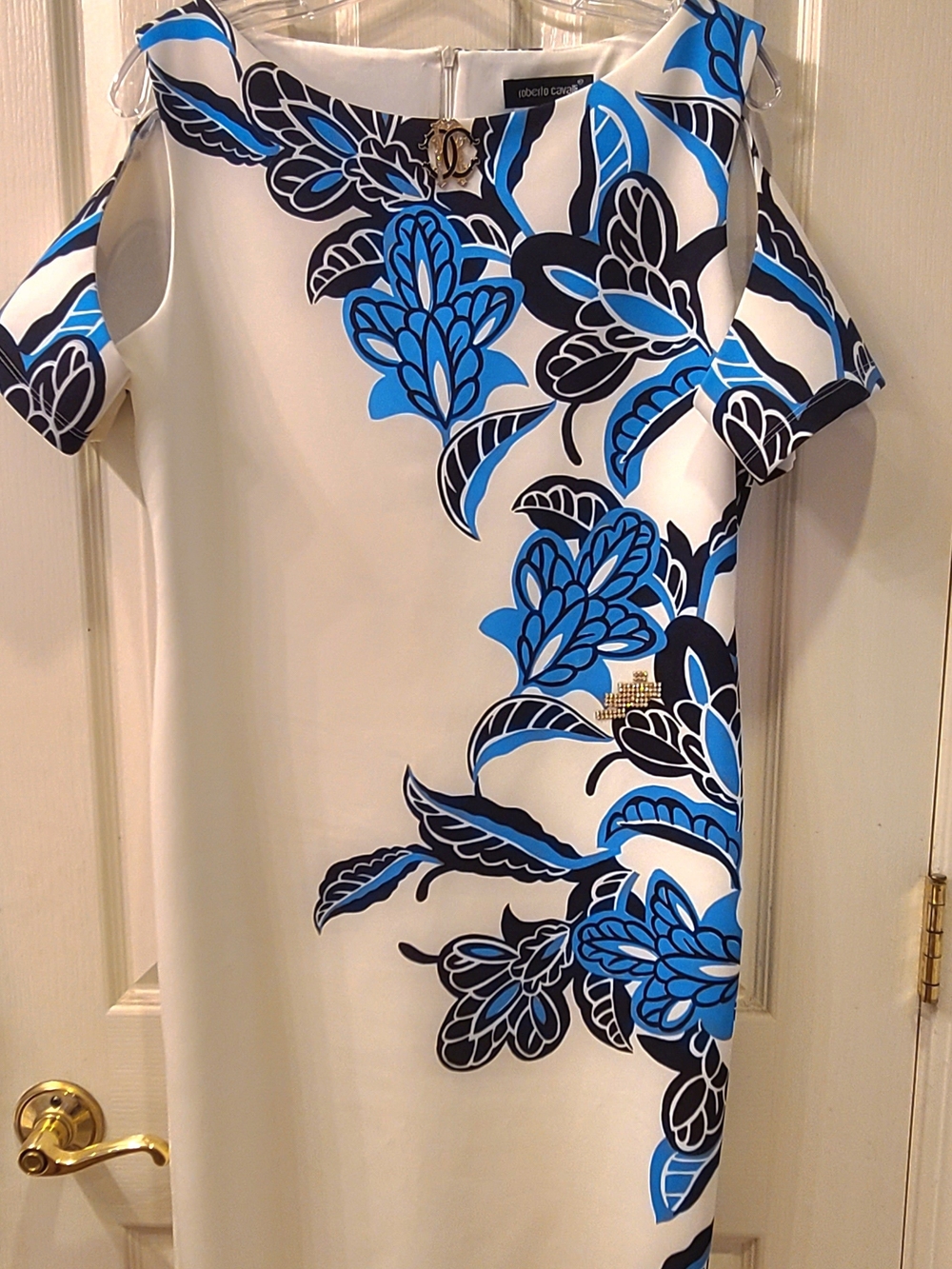 Roberto Cavalli White Shift Dress with Blue & Black Floral Print